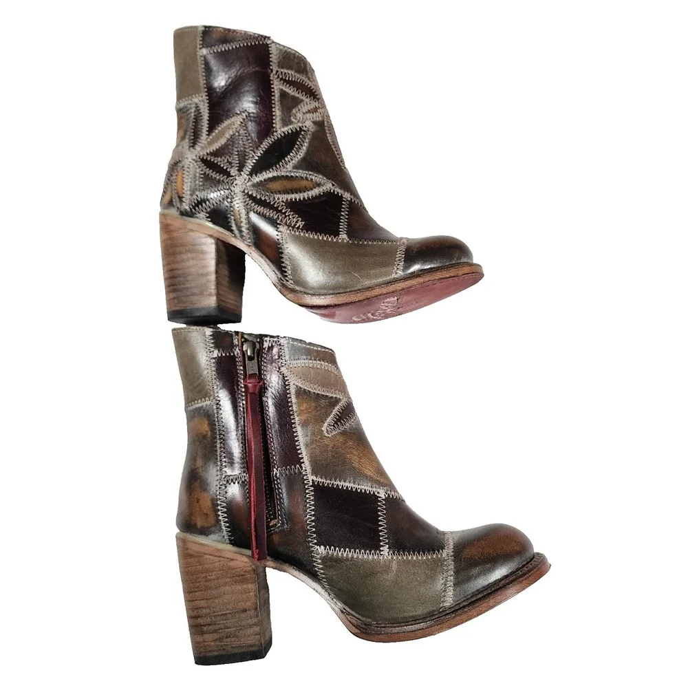 Freebird Flower Ankle Boot Leather Made In Mexico Stitch Detail Block Heel - Picture 6 of 11